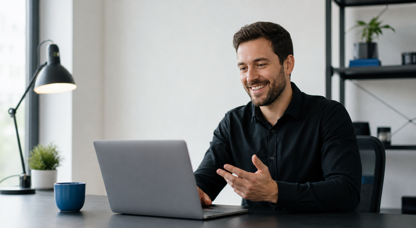 Smiling software support consultant helping a client from a modern workspace